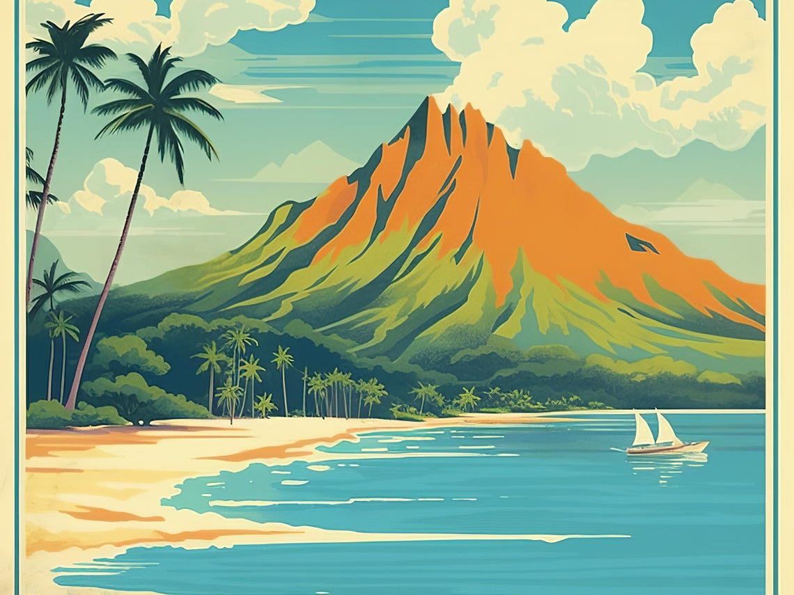 Hawaii Volcanic Peak Sailboat Tropical Beach Vintage Travel Poster - Image 3