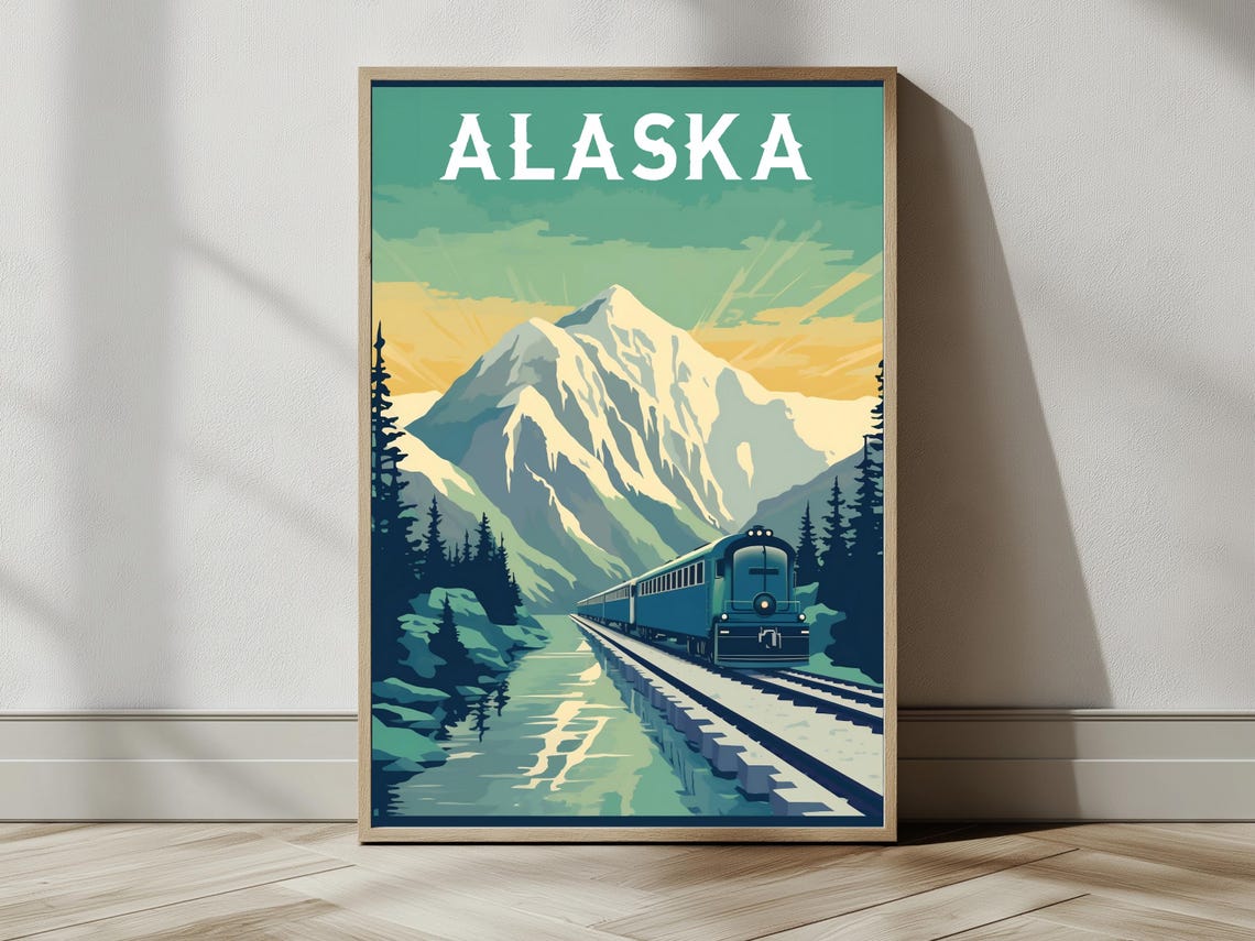 Alaska Snowy Mountain Peak Vintage Train Retro Travel Poster - Image 2