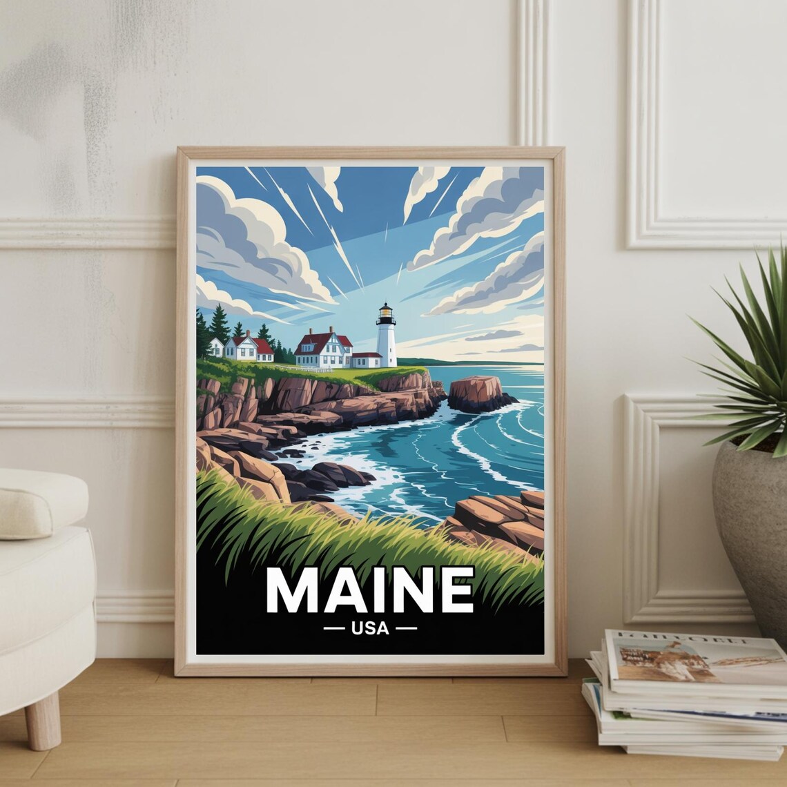 Maine USA Rocky Atlantic Coast Lighthouse Vintage Travel Poster