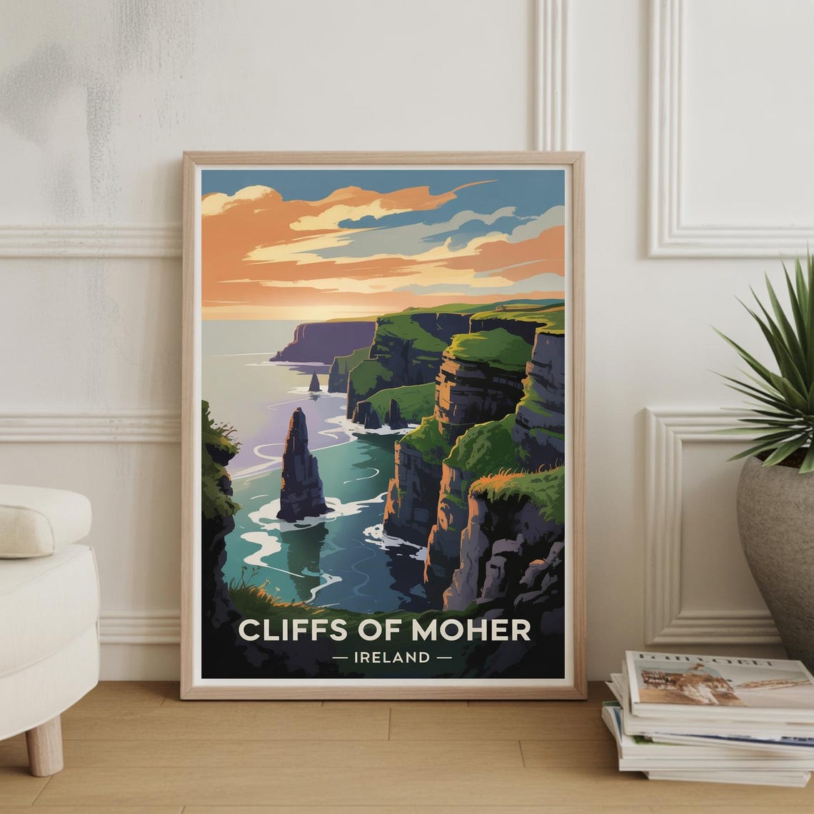 Cliffs of Moher Ireland Sunset Sea Stacks Vintage Travel Poster