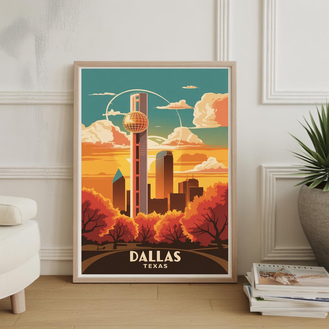 Dallas Texas Reunion Tower Vibrant Retro City Skyline Travel Poster