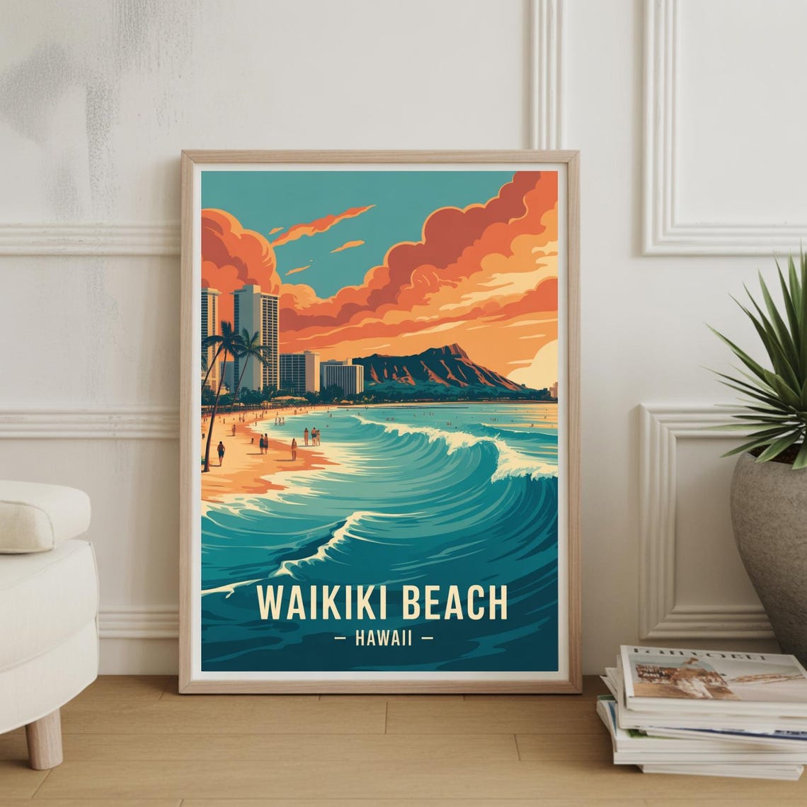 Waikiki Beach Hawaii Diamond Head Surf Waves Retro Travel Poster