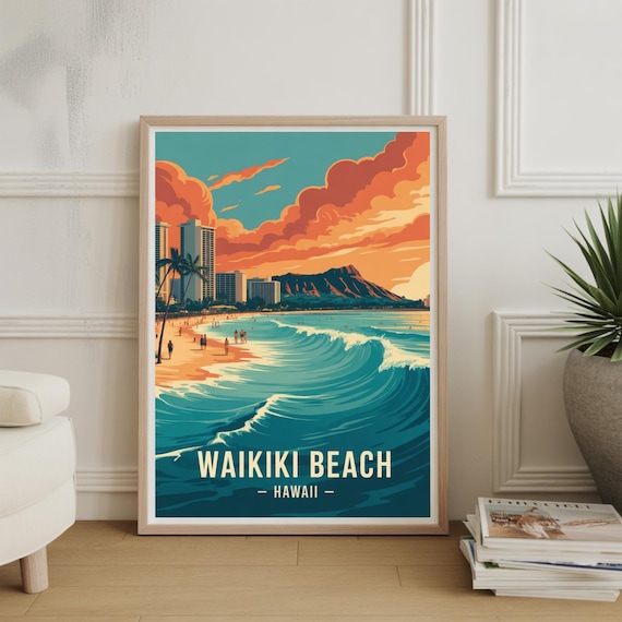 Waikiki Beach Hawaii Diamond Head Surf Waves Retro Travel Poster