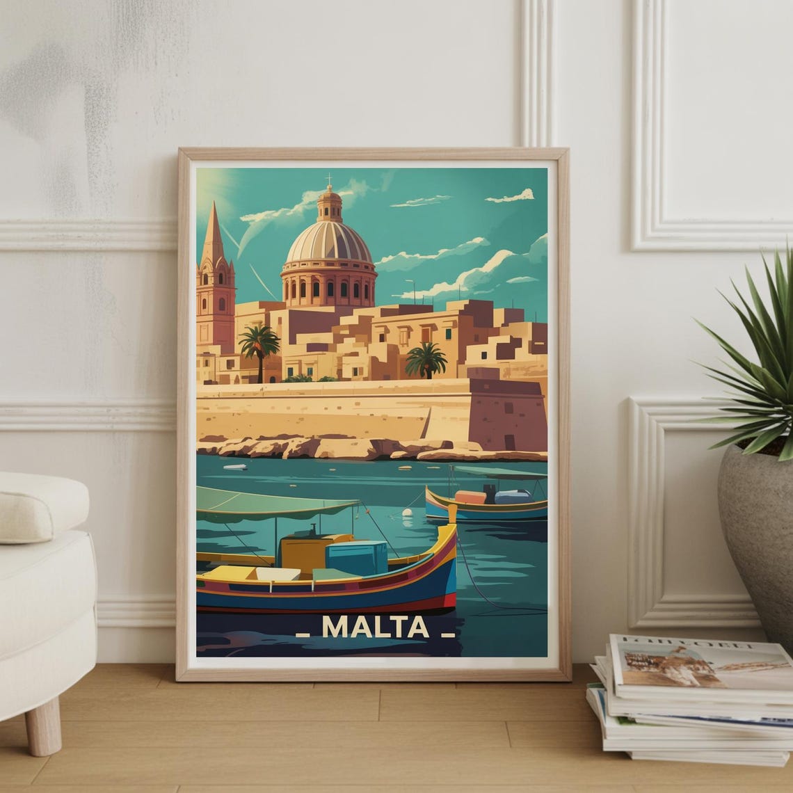 Malta Valletta Harbor Colorful Boats Retro Mediterranean Travel Poster