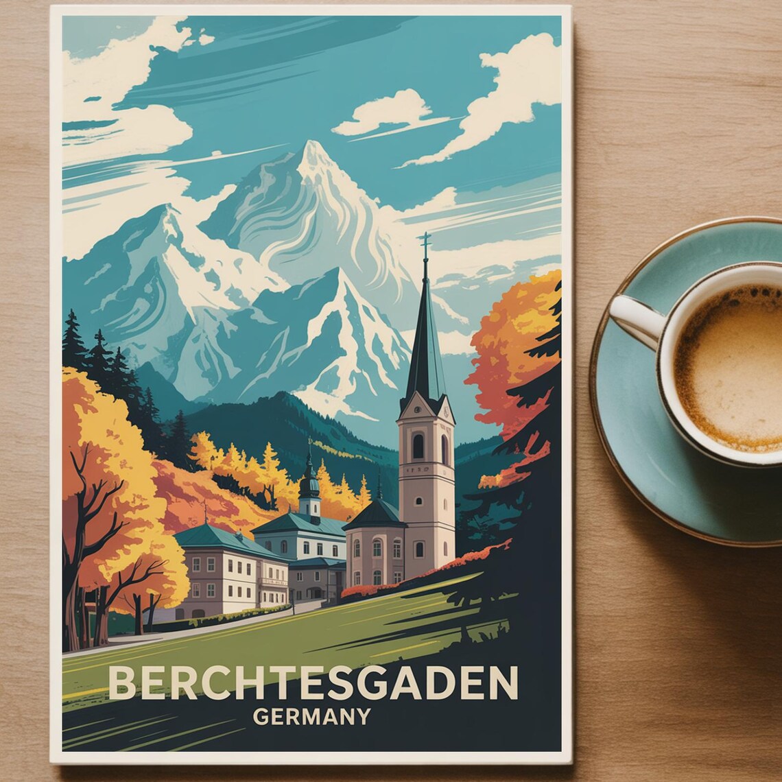 Berchtesgaden Germany Alpine Church Steeple Autumn Retro Travel Poster