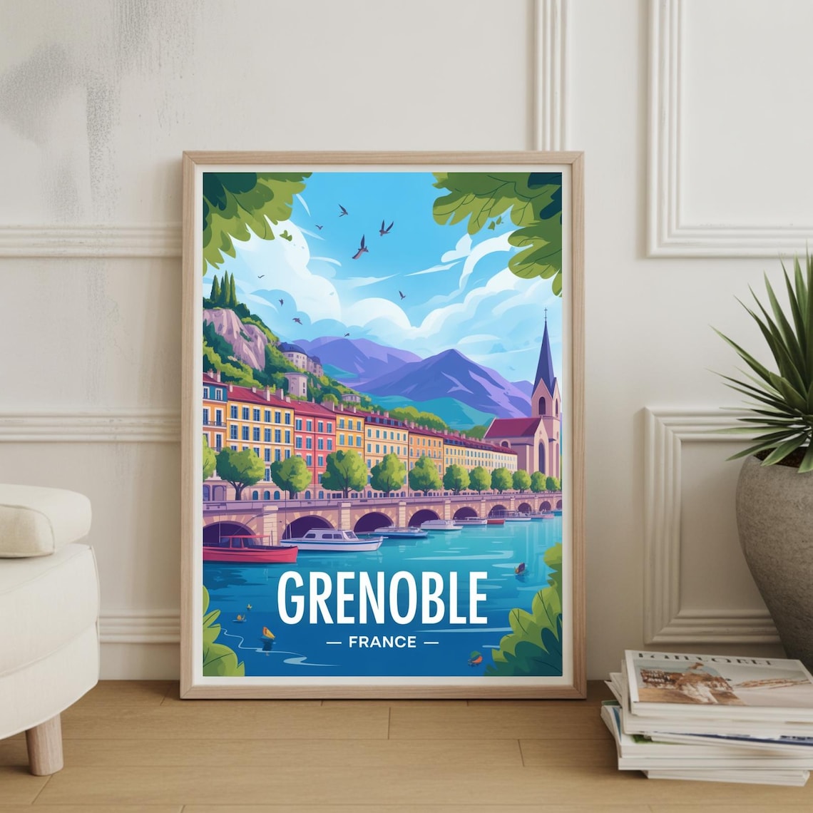 Grenoble France River Bridge and Mountains Vintage Travel Poster