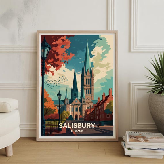 Salisbury Cityscape Travel Poster England Landscape Wall Art Home Office Decor Lover Gift Souvenir