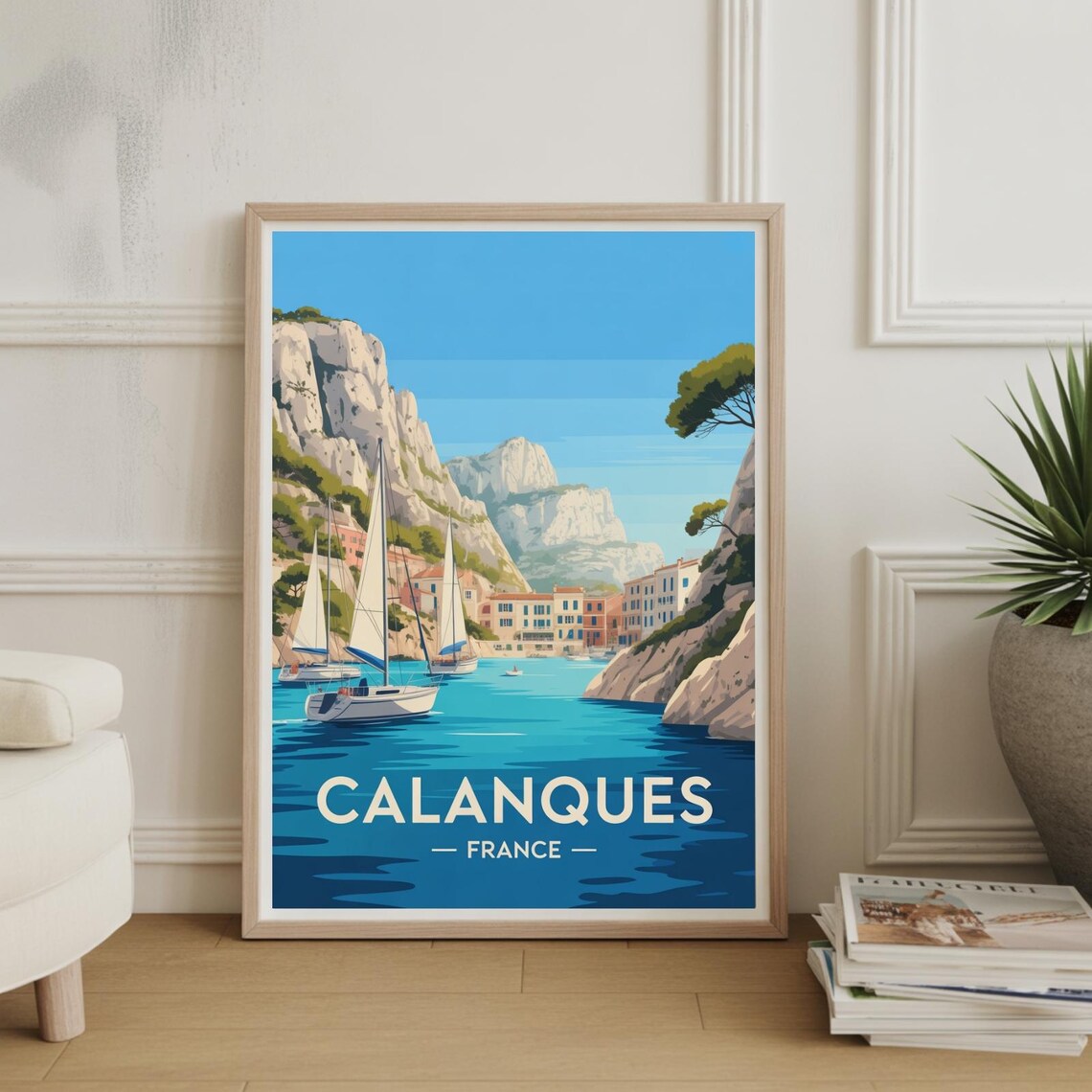 Calanques France Travel Poster Sailboats Cove Cliffs Riviera Art