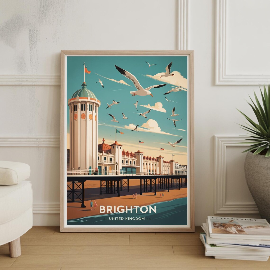 Brighton United Kingdom Pier Seaside Seagulls Vintage Travel Poster