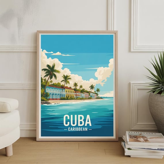 Cuba Caribbean Beachfront Colonial Street Retro Travel Poster