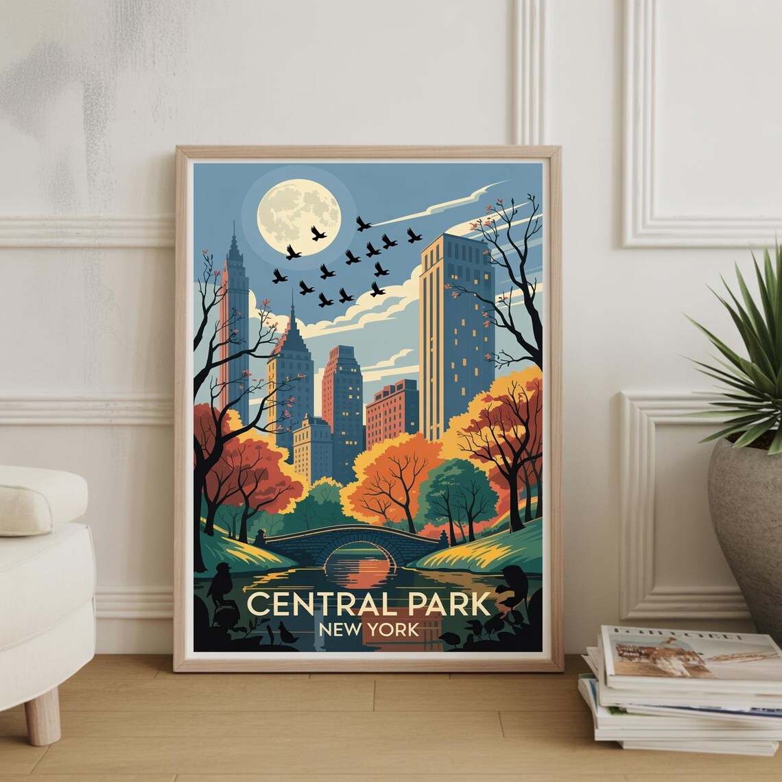 Central Park New York Autumn Moonlit Skyline Vintage Travel Poster