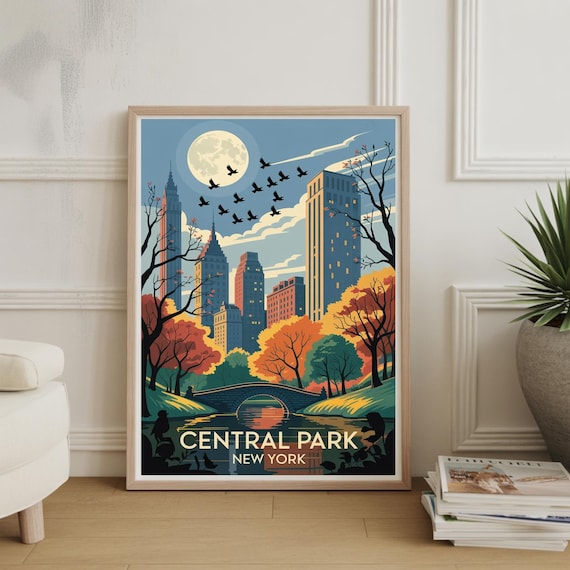 New York Travel Wall Art Central Park Winter Scene Poster Cityscape Illustration Home Decor