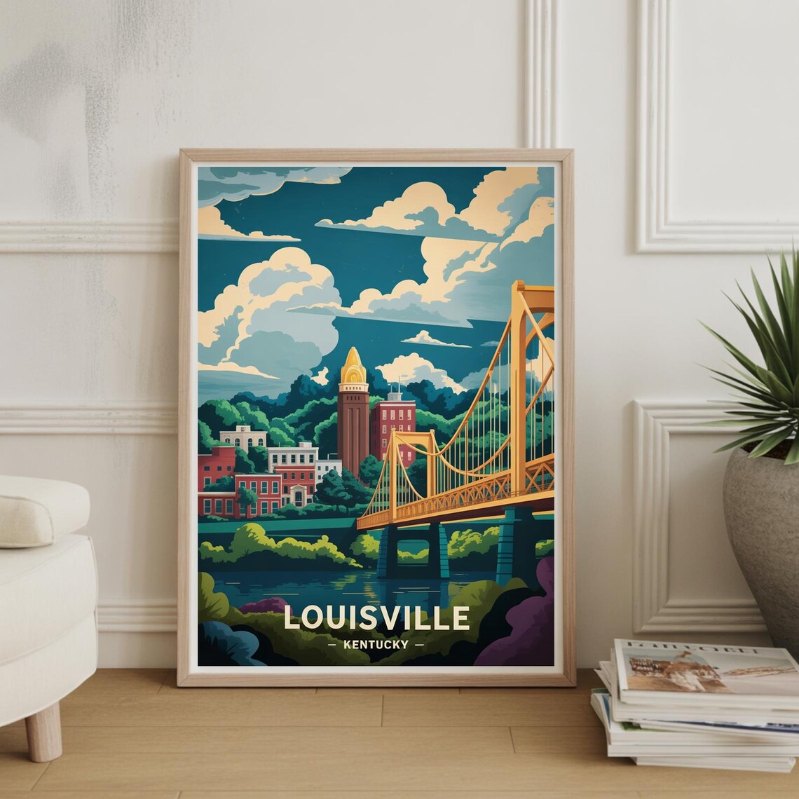 Louisville Kentucky River Bridge Cityscape Downtown Mid Century Travel Poster