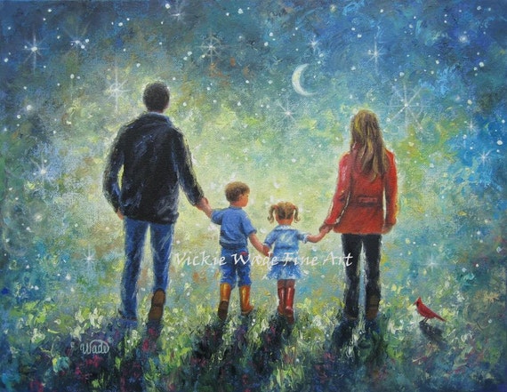 Family Art Print Mom Dad Son Daughter Evening Walk Father Mother Brother Sister Twilight Walk Starry Night Wall Art Vickie Wade
