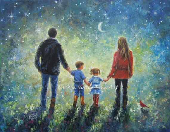 Family Of Four Walking Under Starry Night Sky With Crescent Moon Poster