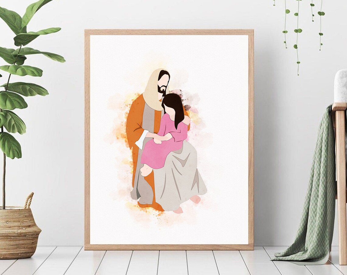 Christ Holding a Child in Pink With Warm Orange Watercolor Washes Poster