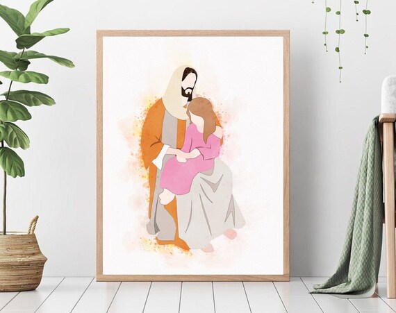 Jesus Embracing a Child in Pink Standing Close Watercolor Poster