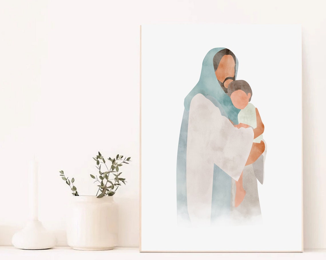 Jesus Embracing a Child Teal Watercolor Christian Wall Poster