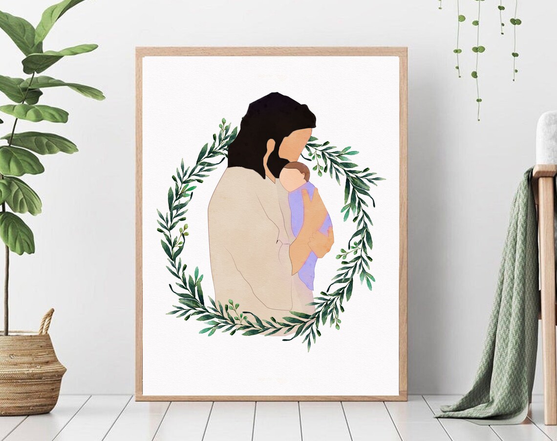 Jesus Christ Holding Baby Boy Watercolor Art Print