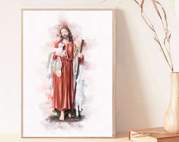 Jesus the Good Shepherd Red Robe With Lamb Watercolor Poster