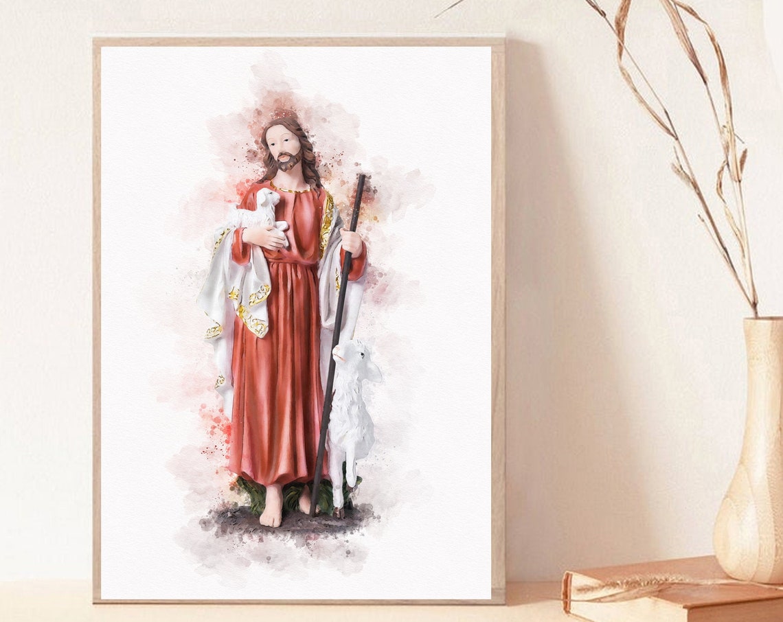 Jesus the Good Shepherd Red Robe With Lamb Watercolor Poster