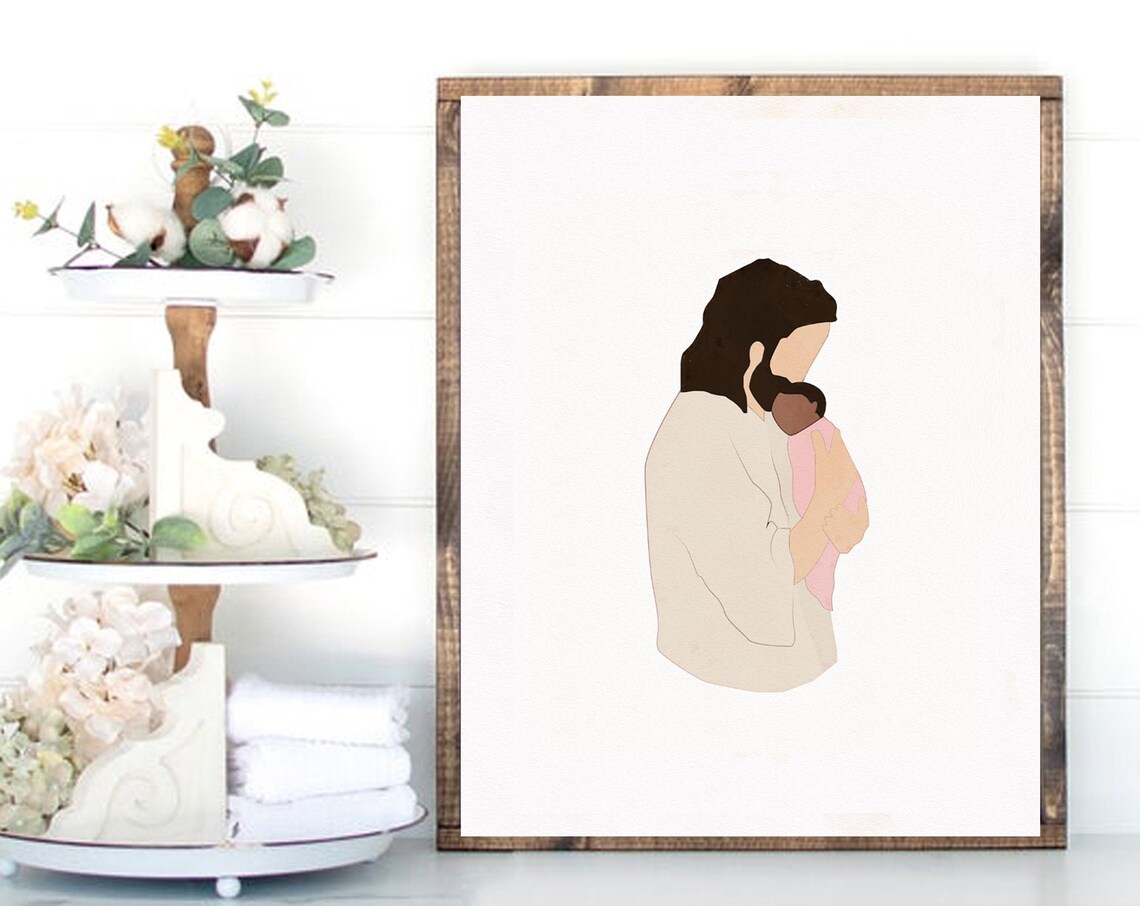 Jesus Christ Holding Baby Boy, Grief Watercolor
