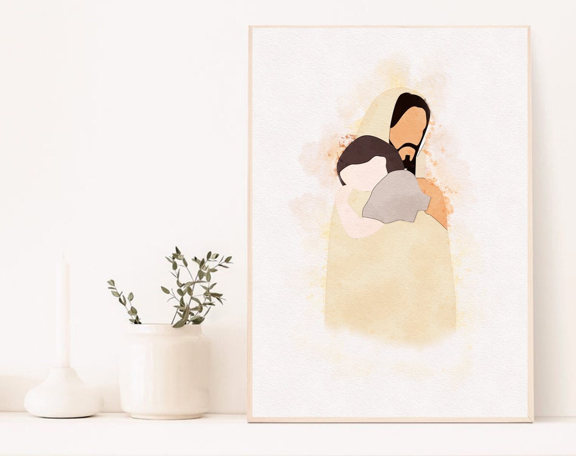 Christ Embracing a Child in Soft Cream Minimalist Watercolor Poster