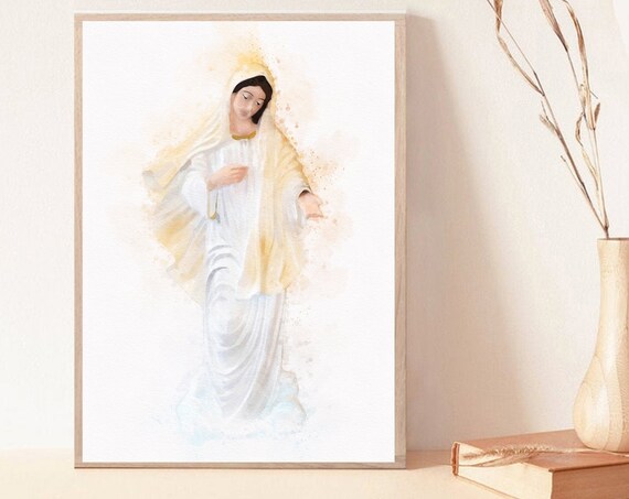 Virgin Mary in White Watercolor Religious Christian Art Poster