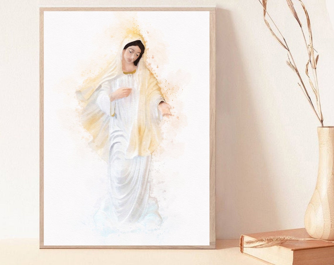 Virgin Mary in White Watercolor Religious Christian Art Poster