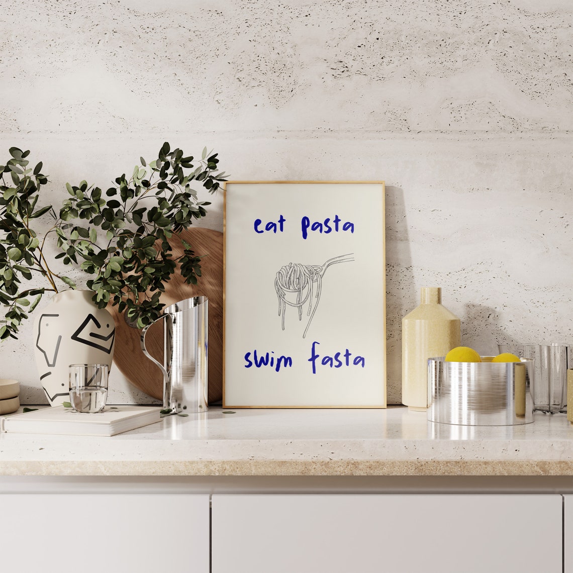 Eat Pasta Swim Fasta Funny Spaghetti Sketch Blue Typography Poster - Image 2