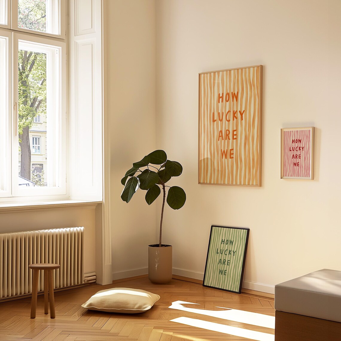 How Lucky Are We Quote Art Print, Orange Stripe - Image 3