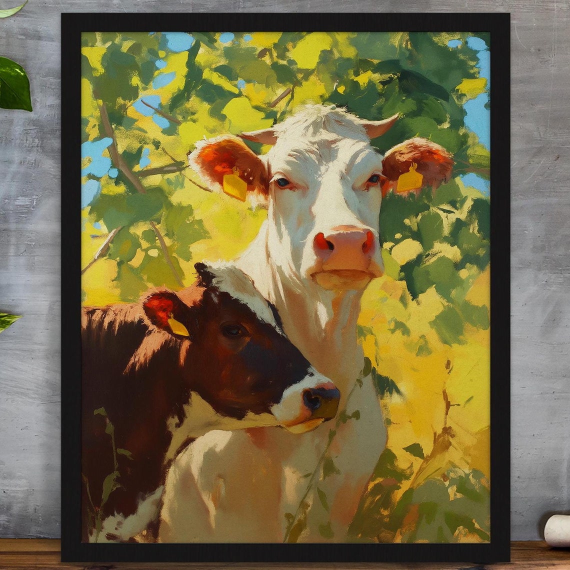 White Cow and Brown Calf Close-Up in Dappled Sunlight Poster