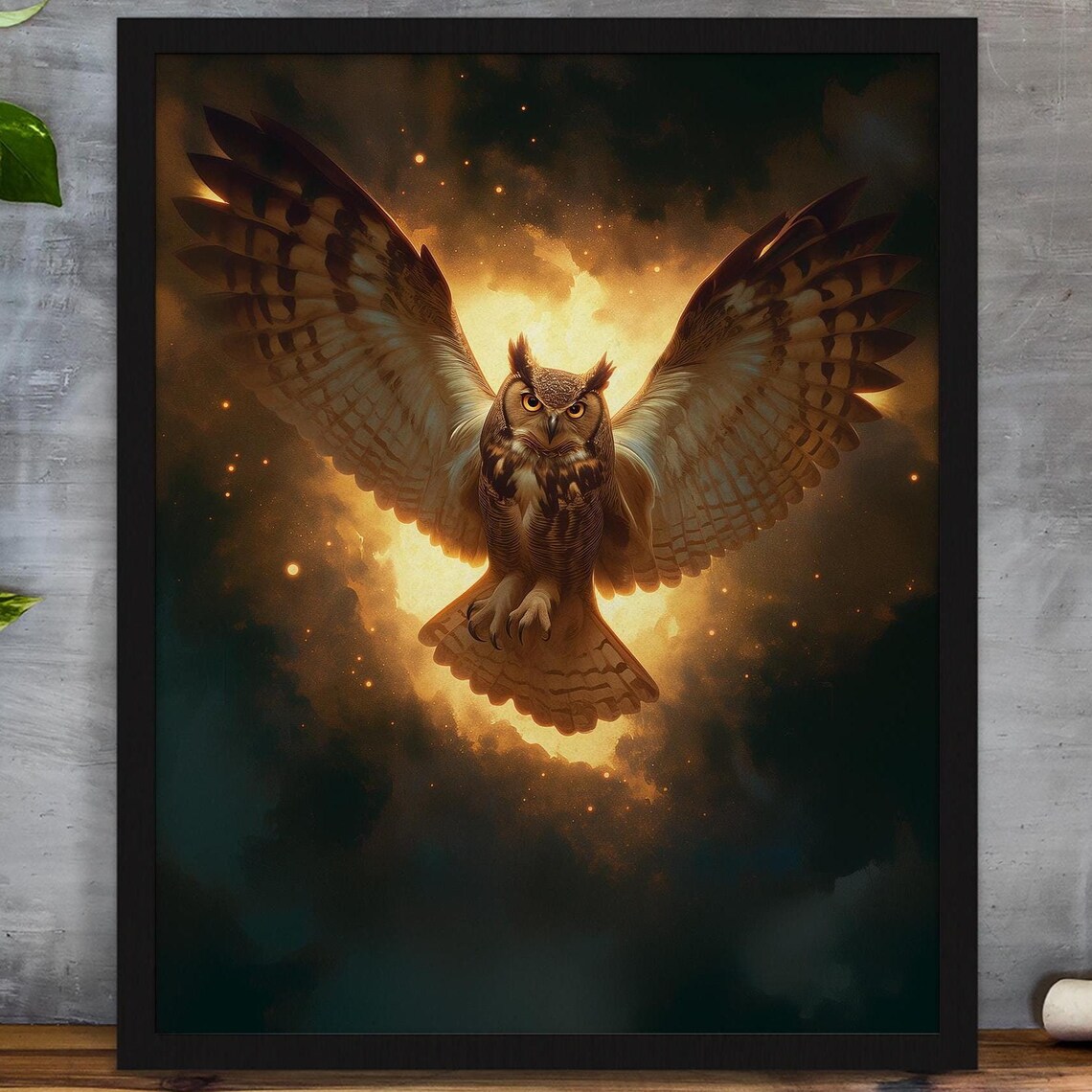 Majestic Great Horned Owl Soaring Through a Fiery Night Sky Poster