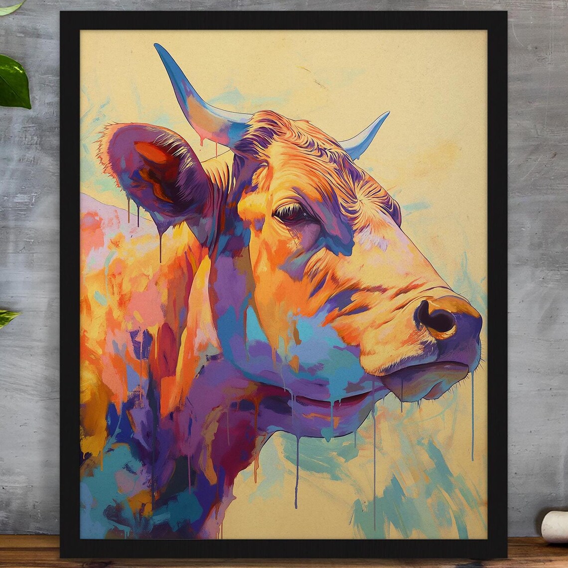 Golden Bull Profile in Orange and Blue with Paint Drips Poster