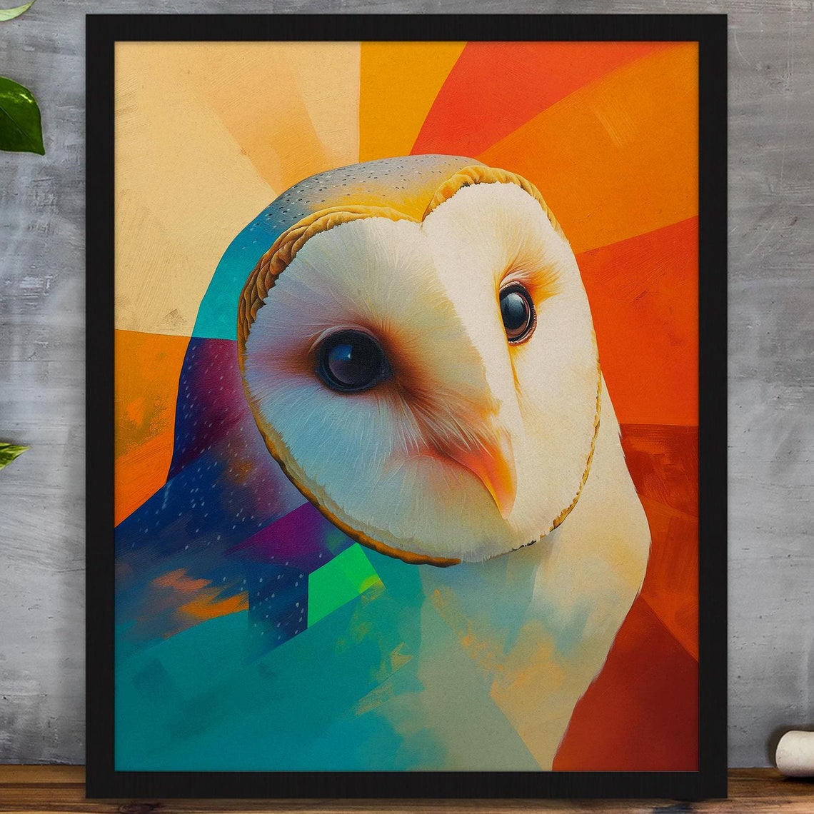 Barn Owl Face Close-Up With Orange and Teal Sunburst Colors Art Poster