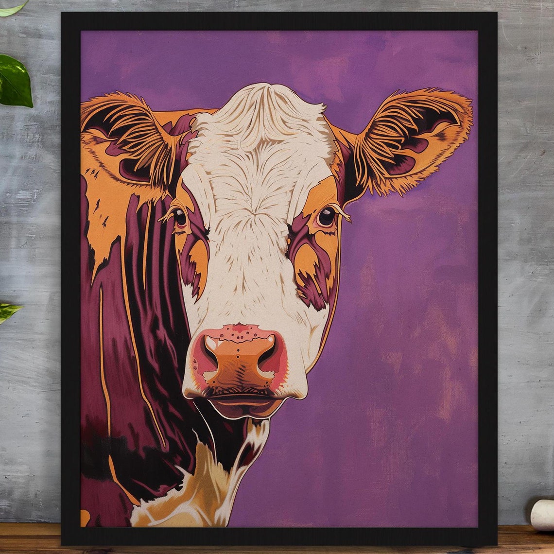 Pop Art Cow Portrait with Bold Orange on Purple Background Poster