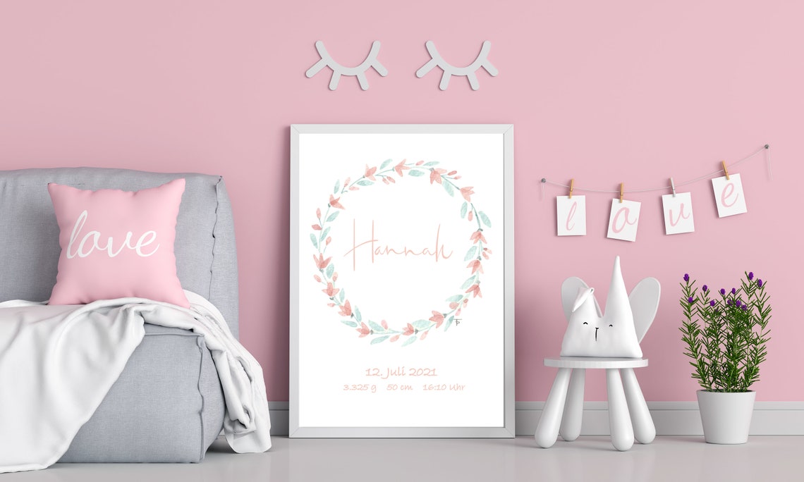 Personalized Baby Birth Announcement Floral Wreath Nursery Print