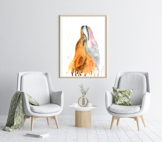 Watercolor Howling Fox Orange Grey Abstract Animal Art Poster