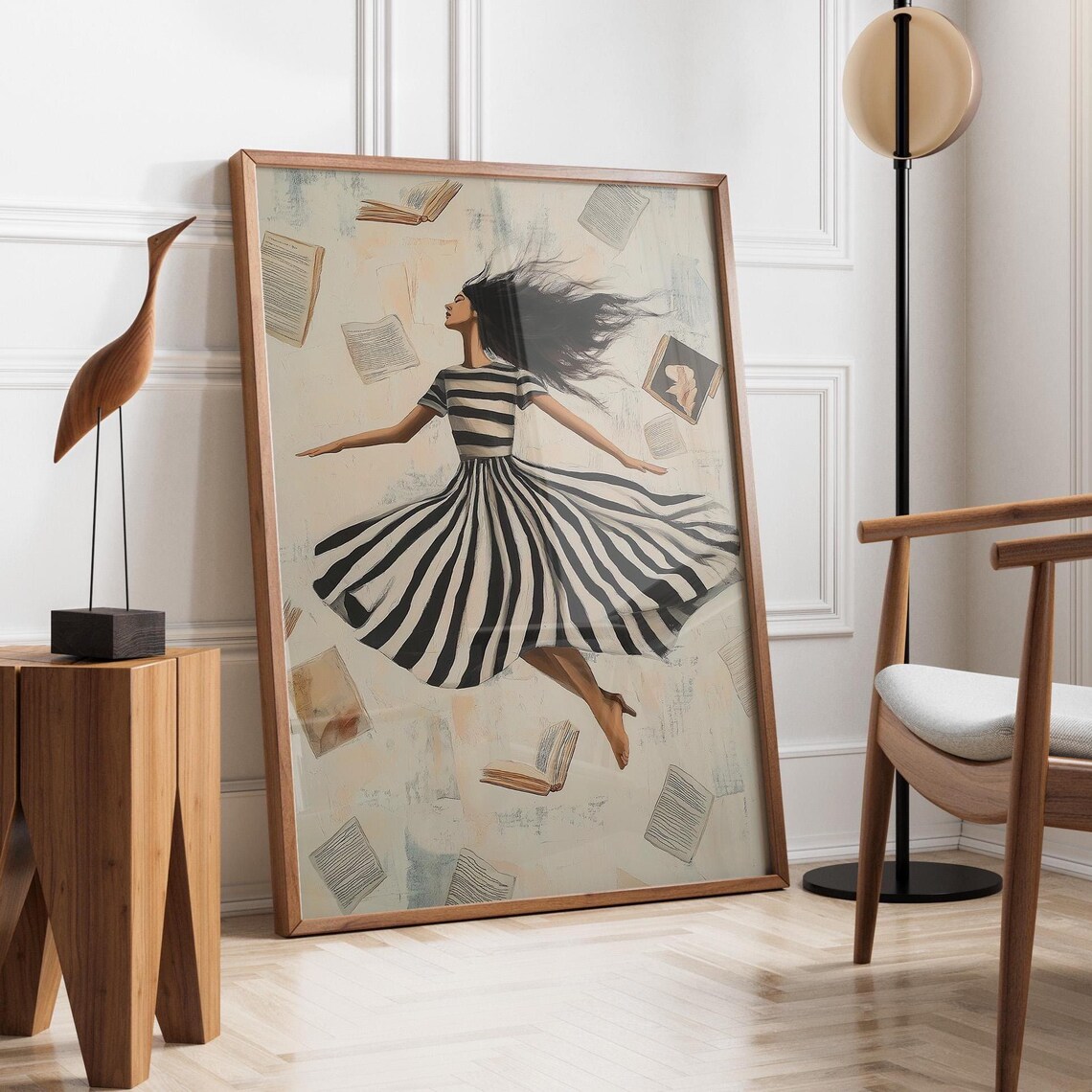 Whimsical Woman Dancing With Flying Books In Striped Dress Poster