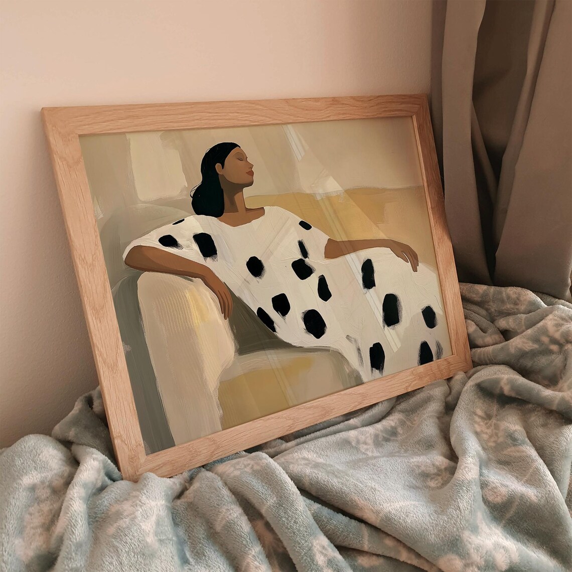 Seated Woman in Polka Dot Dress Against Beige Minimalist Poster - Image 3