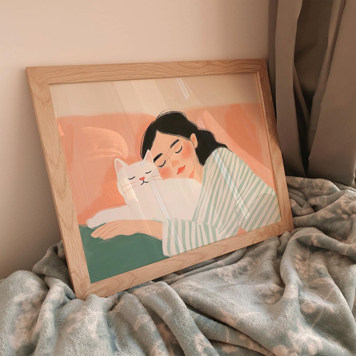 Woman Hugging White Cat in Warm Peach Cozy Illustration Poster - Image 3