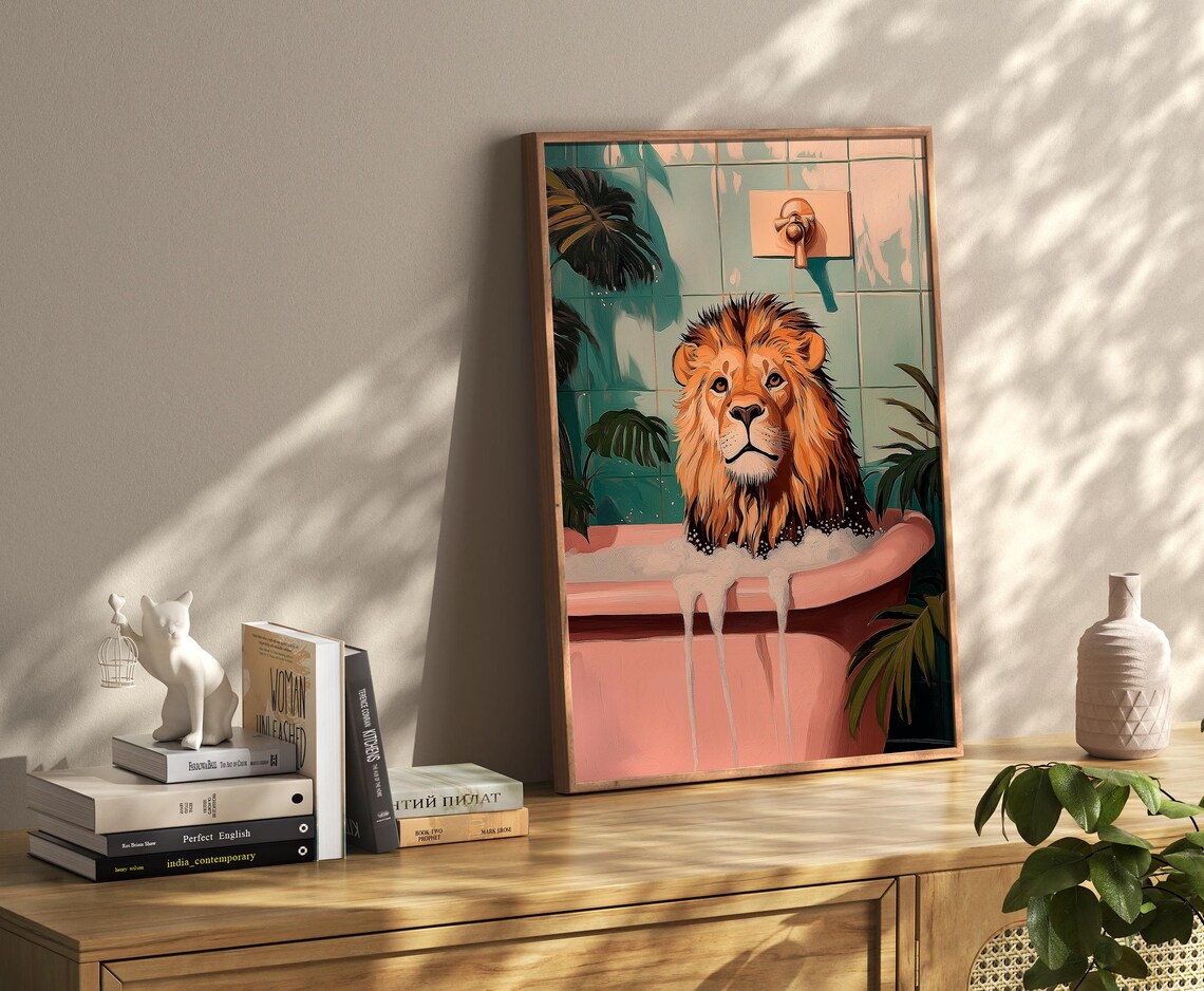 Lion Relaxing In A Pink Bubble Bath With Shower Plants Poster - Image 2