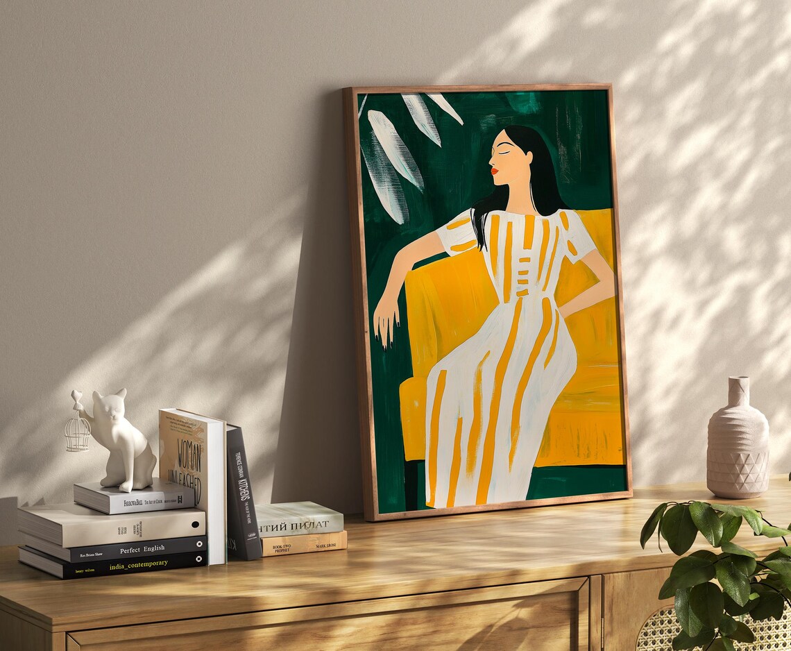 Elegant Woman In A Yellow Striped Dress On Mustard Armchair Wall Art - Image 4