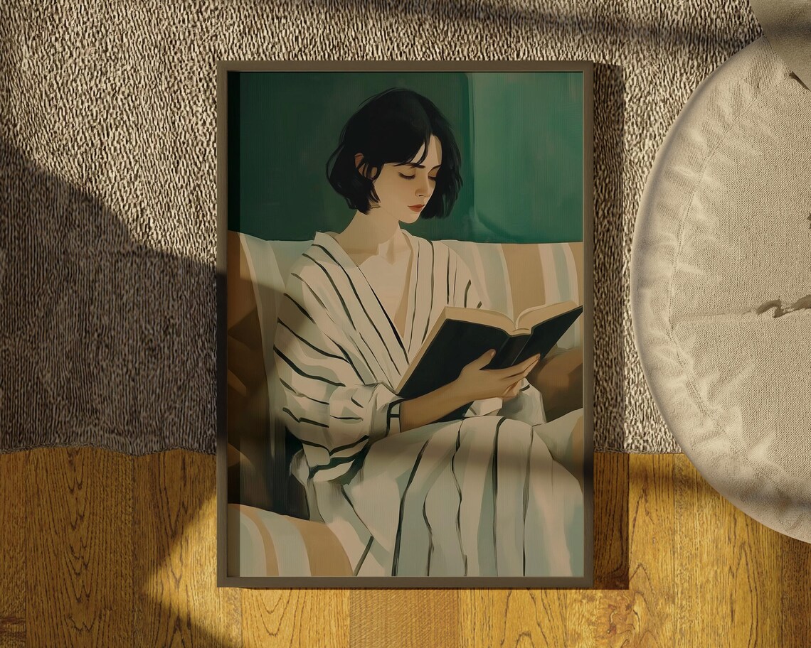 Evening Emerald Reading Woman Minimalist Contemporary Book Lover Poster - Image 4