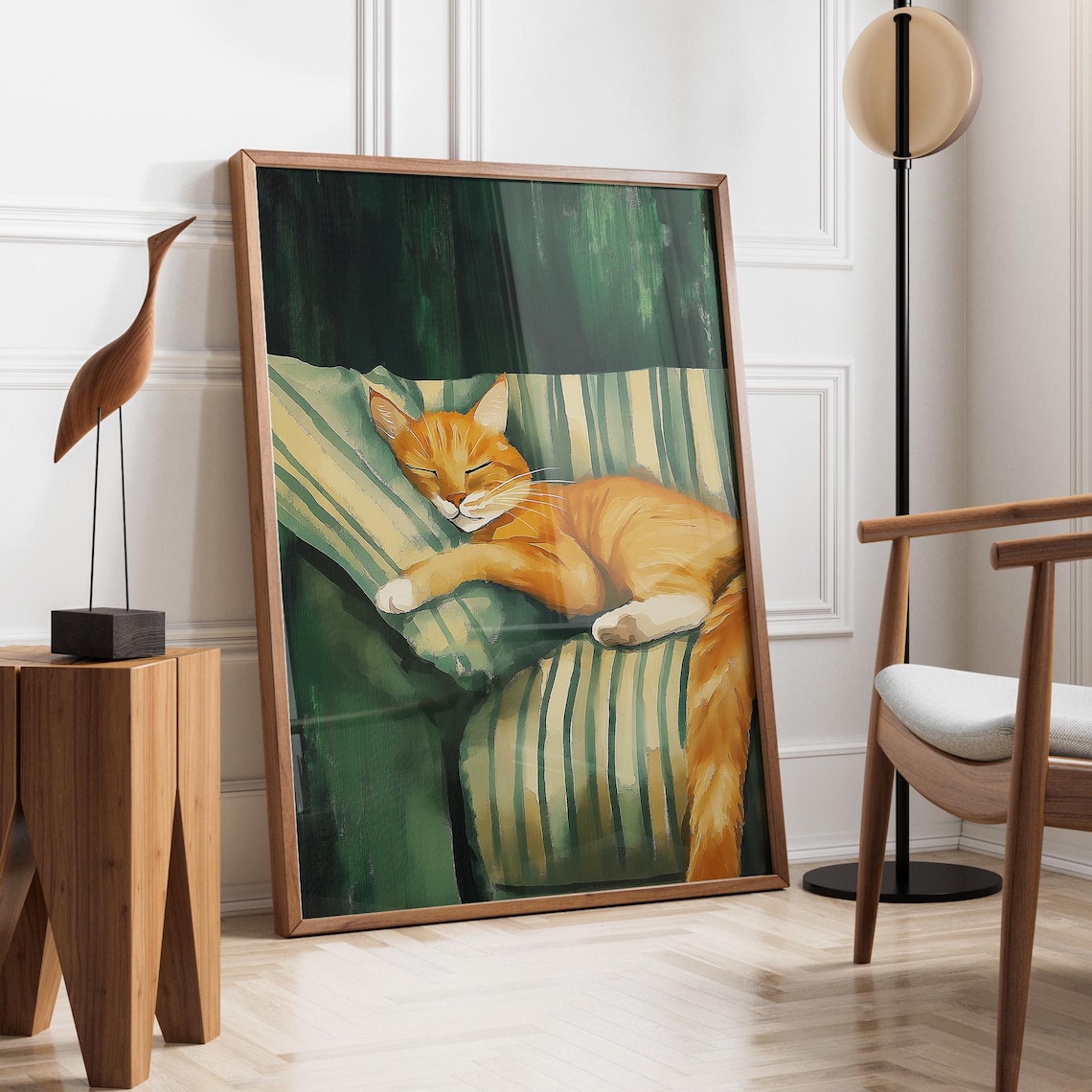 Sleeping Orange Tabby Cat Cozy Emerald Green Modern Feline Art Poster