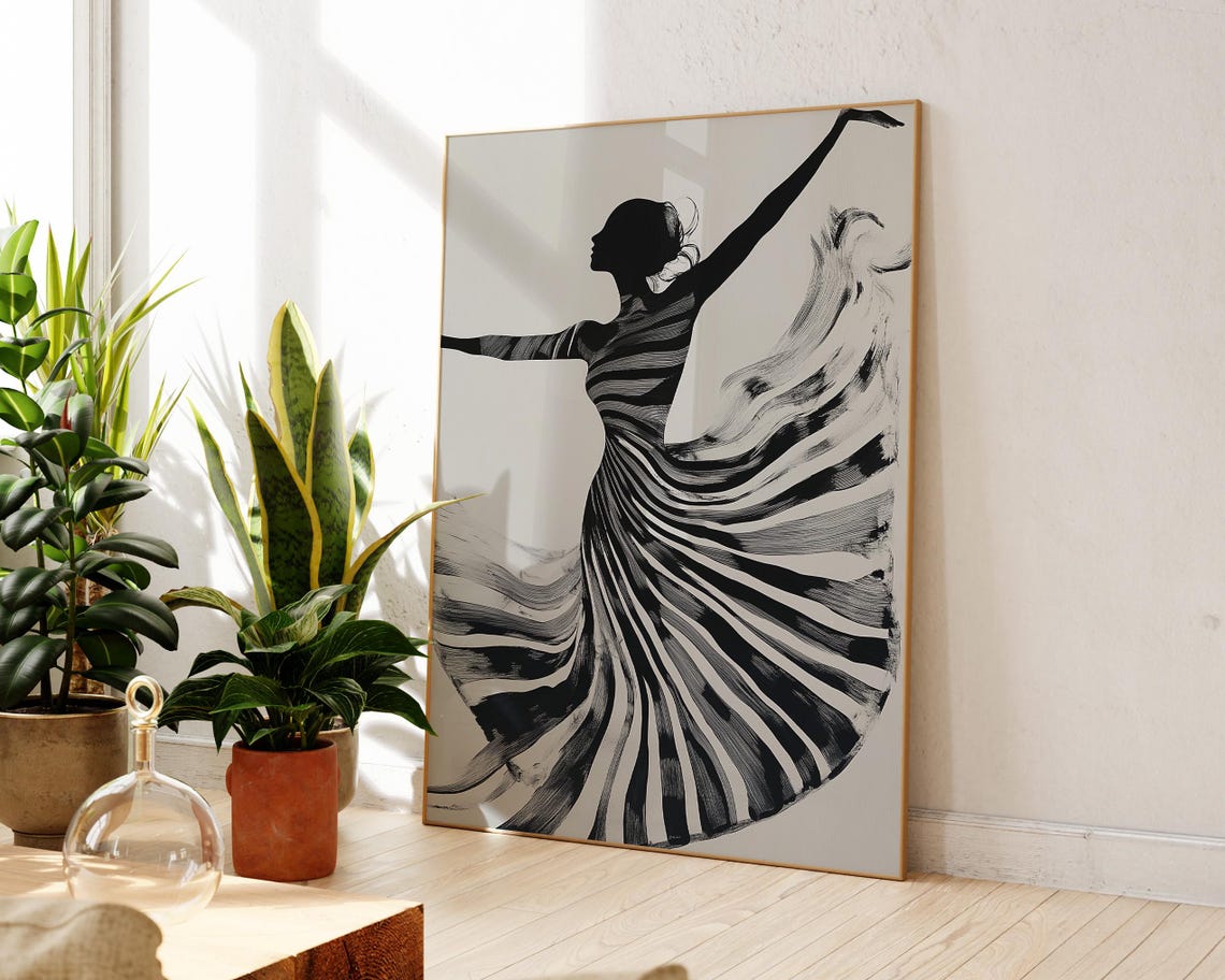 Modern Dance Art Black And White Striped Dress Line Art Ballerina Elegant Minimalist Wall Decor Monochrome Artwork - Image 3