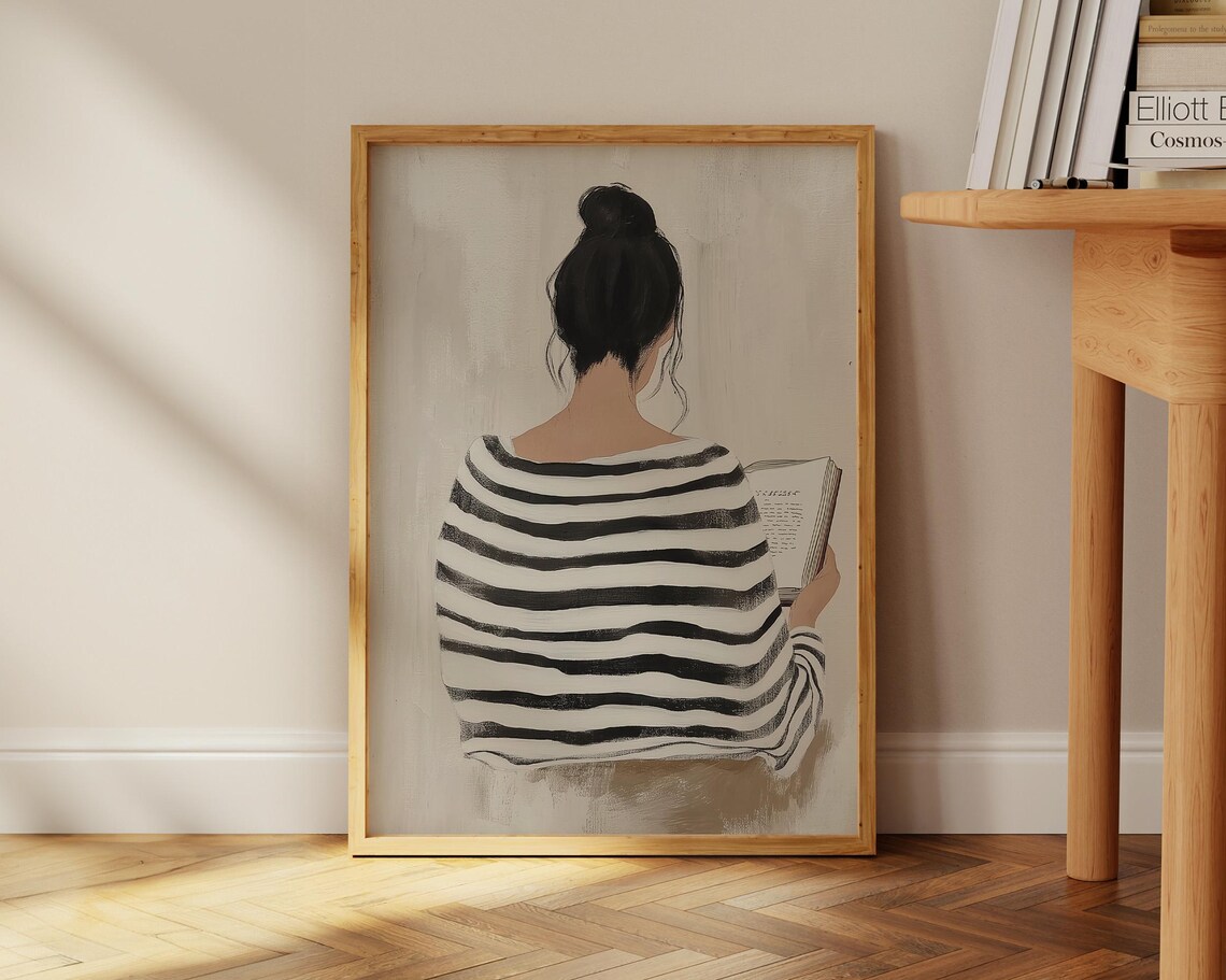 Striped Dress Woman Reading, Minimalist Abstract Portrait - Image 3