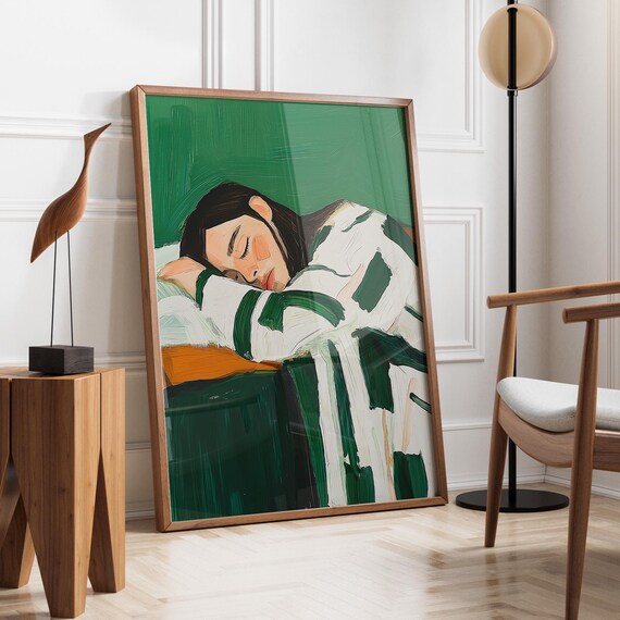 Sleeping Woman Wrapped in Green Stripes Emerald Cozy Rest Art Poster