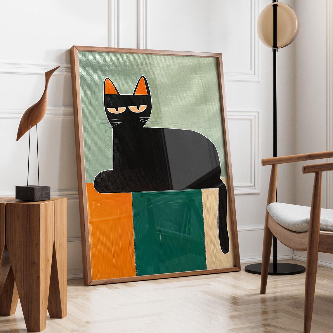 Black Cat Geometric Art Print, Atomic Mid-Century