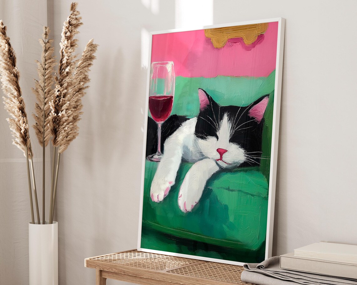 Sleepy Cat Lounging Beside A Glass Of Red Wine On Green Wall Art - Image 4